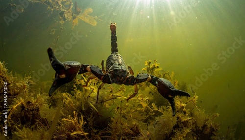 Aquatic Scorpion Lurking in Sunlit Submerged Vegetation Captures Prey with Claws