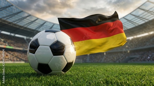 Soccer ball on field with german flag in stadium