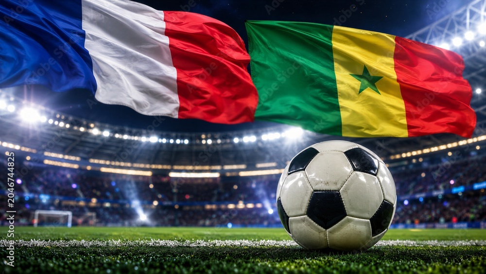 Fototapeta premium Soccer ball sits on the grass of a stadium under bright lights with the flags of France and Senegal waving in the background during an international match.