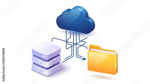 Isometric 3D illustration representing cloud computing data synchronization between a blue cloud, server stack, and yellow folder via network connections.