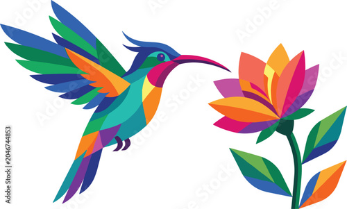 Canvastavla Vector illustration of a colorful hummingbird hovering near a blooming flower wi