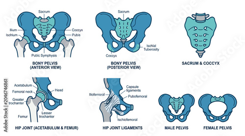 Quadro su tela Anatomical diagrams of the bony pelvis and hip joints.