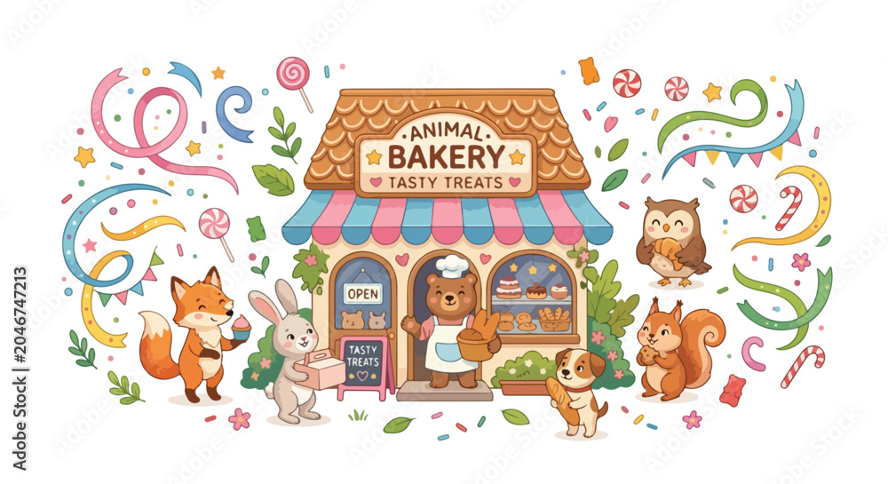 Naklejka premium A cute animal bakery with a bear chef and happy animal customers enjoying various tasty treats and pastries in a festive, colorful setting.