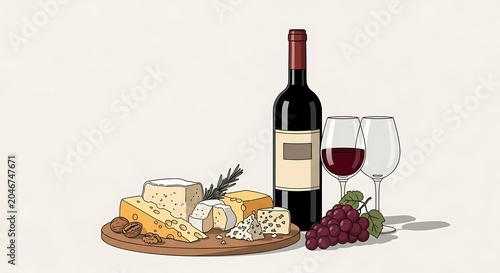 Gourmet cheese platter with wine and fruits on wooden board.