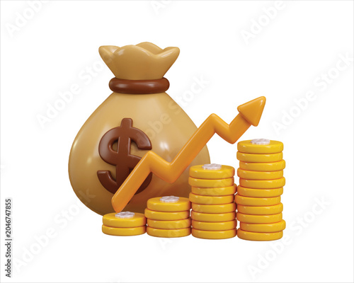 Financial growth icon 3d render concept of money bag with golden dollar and financial growth chart icon vector illustration