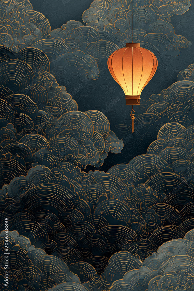 Obraz premium Traditional Lantern Among Oriental Cloud Patterns