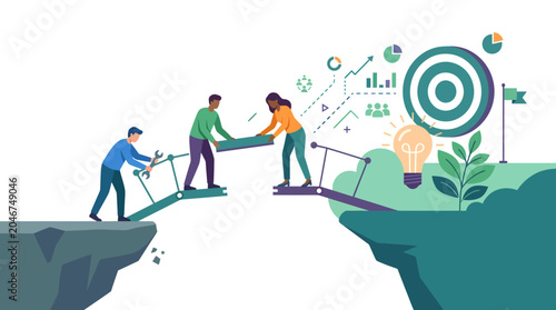 Teamwork building a bridge to success. Collaborative problem-solving, strategic planning, and achieving business goals through innovation and data analysis.