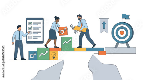 Collaborative business team building a strategic bridge to success, overcoming challenges, achieving goals with teamwork, innovation, and smart planning.