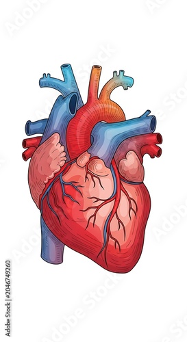 3D rendered heart with blue blood vessels and red muscle.