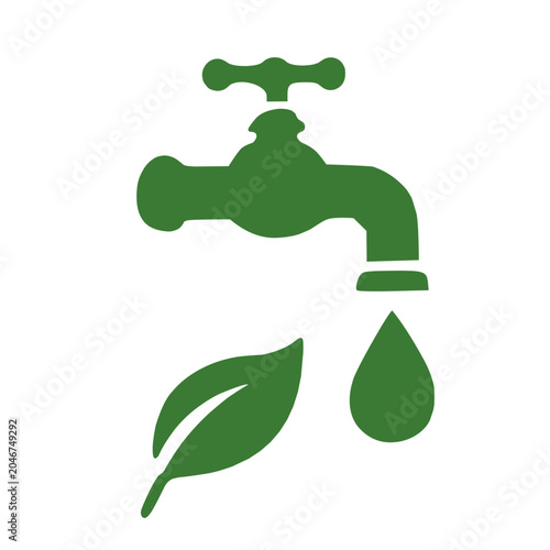 Green water faucet with a single leaf symbolizing eco-friendly conservation.