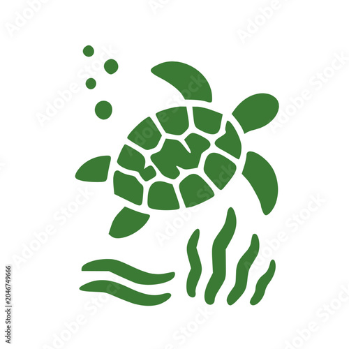 Stylized green sea turtle swimming in ocean with bubbles and seaweed.