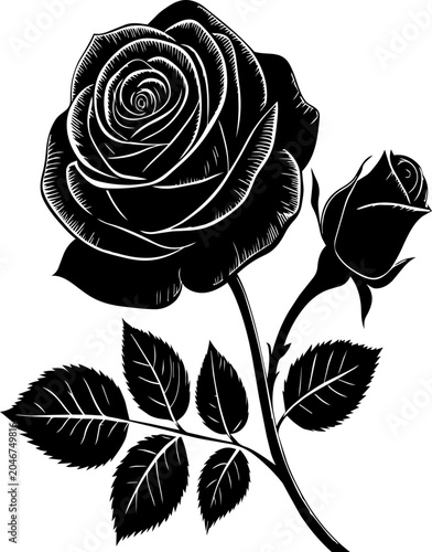 A black and white vector graphic illustration of a rose with leaves and stem