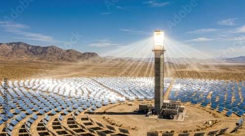 Concentrated solar power tower facility in a desert landscape with heliostat field generating renewable energy
