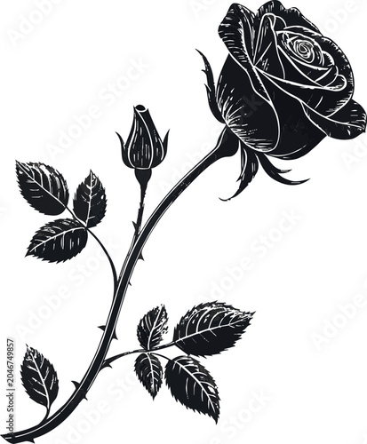 A black and white vector illustration of a rose with leaves and stem