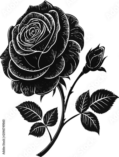 A black and white vector illustration of a rose with leaves and buds on a stem
