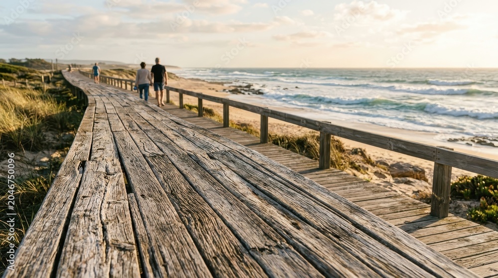 Fototapeta premium Couple Walking Together on a Wooden Boardwalk Beside the Beach at Sunset