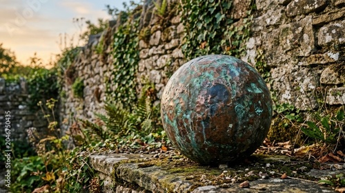 A Verdigris Patina Sphere Rests Beside a Moss-Covered Ancient Stone Wall in a Verdant Garden Setting