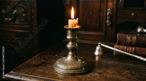 Burning antique brass candle holder with flickering flame on a wooden table
