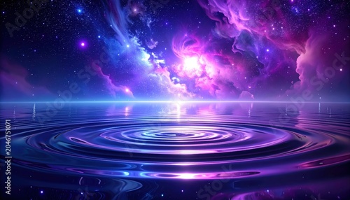 Cosmic Nebula Reflected in Rippling Water Surface with Vibrant Hues