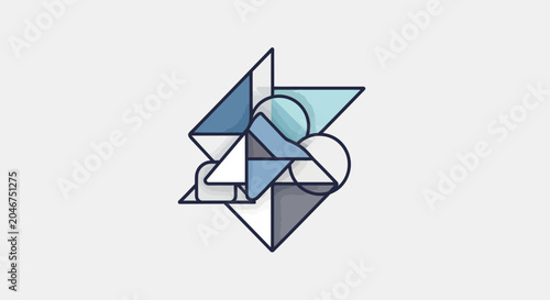 Modern abstract geometric composition with overlapping triangles, circles, and polygons in blue and gray hues, minimal design.