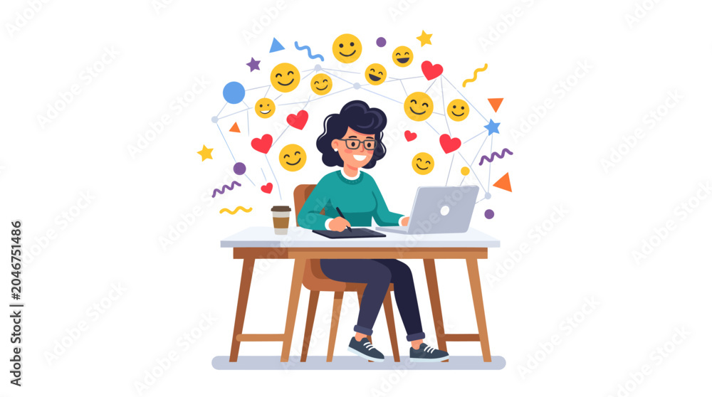 Fototapeta premium Woman working on laptop surrounded by colorful emojis and hearts, celebrating World Emoji Day and digital communication