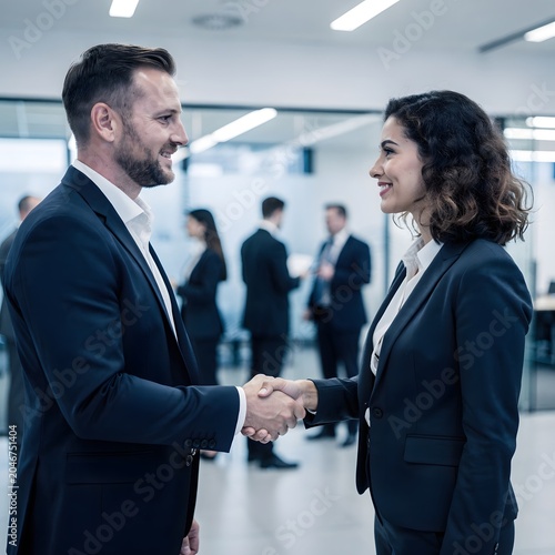 Professional business handshake between corporate executives in modern office environment symbolizing partnership, agreement and success