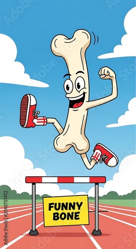 Funny bone joke illustration with cartoon character and sign.
