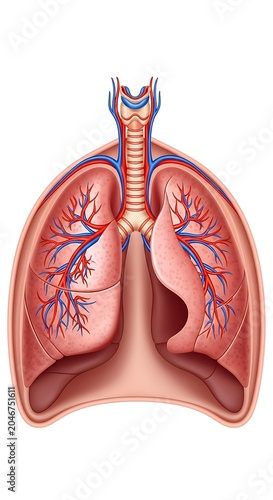 Human respiratory system anatomy illustration with lungs and trachea.