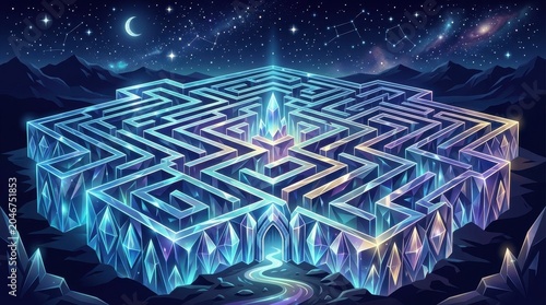 Enchanting Crystal Maze Under a Starry Night Sky