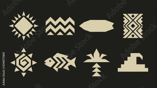 Set of minimalist geometric tribal icons representing sun water fish palm tree and nature elements
