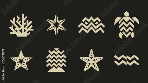 Geometric ocean icon set with sea turtle starfish coral waves and sea star symbols