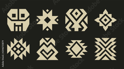 Photos Set of Eight Beige Tribal Geometric Icons and Folk Art Symbols on Black Backgrou