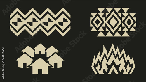 Tribal geometric symbols set with border patterns village huts and decorative ethnic motifs