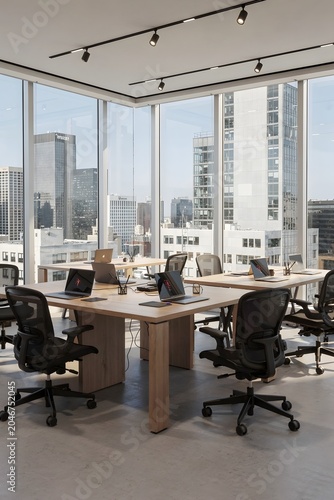 Bright modern open office workspace with panoramic city skyline view featuring contemporary desks, chairs and corporate interior design