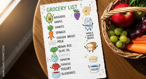 Grocery list and fresh vegetables on kitchen counter.