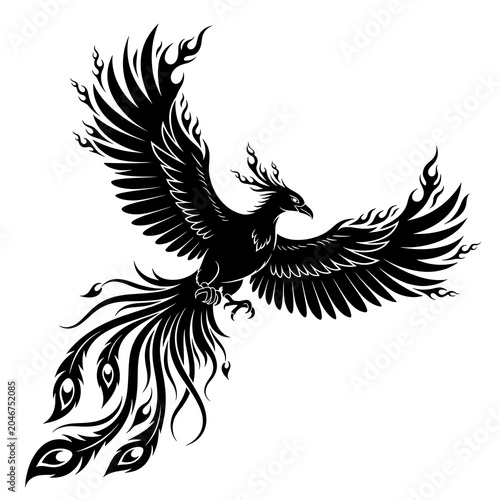 Black and white illustration of a bird in flight.