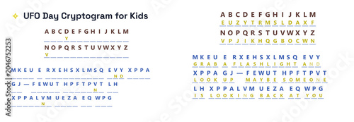 UFO Day Cryptogram for Kids featuring letters and symbols  