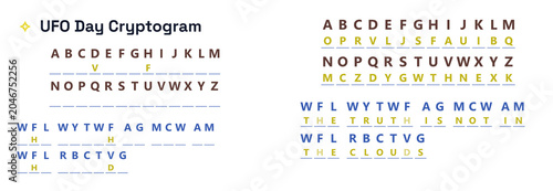 UFO Day Cryptogram with coded messages and alphabet keys displayed  