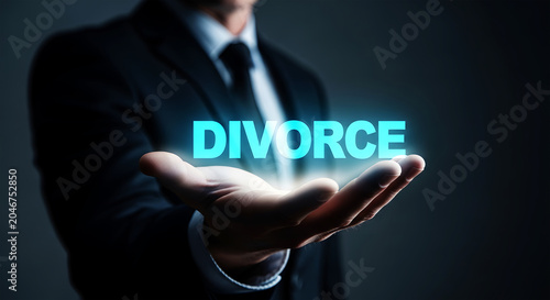 Man in suit holding glowing blue word D I V O R C E over open palm divorce separation