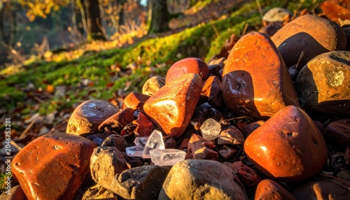Irregularly Shaped Jasper Pebbles in Earthy Red and Brown Tones Mixed with Ice Fragments in Sunlight