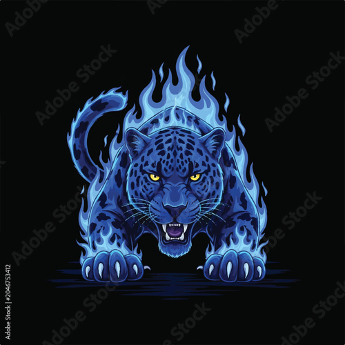 Powerful blue leopard mascot with ethereal flames and glowing eyes