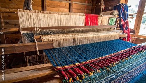 Vibrant Colorful Threads Weaving Intricate Patterns on a Traditional Wooden Loom