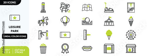 Photos Amusement Park Line Icons Set with Carnival Attractions.