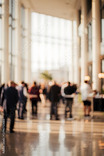 Professional business networking event in a modern convention hall with attendees engaging in conversation and corporate relationship building
