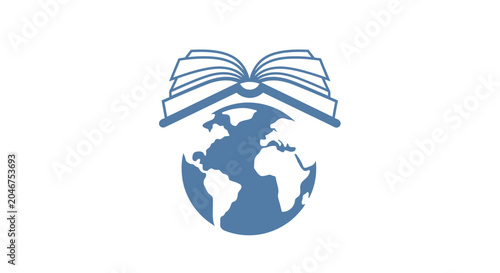 A blue icon showing an open book resting on top of a globe