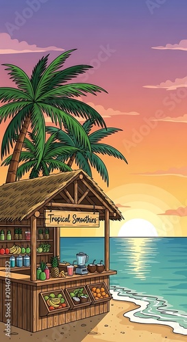 Tropical beach bar with palm trees at sunset.