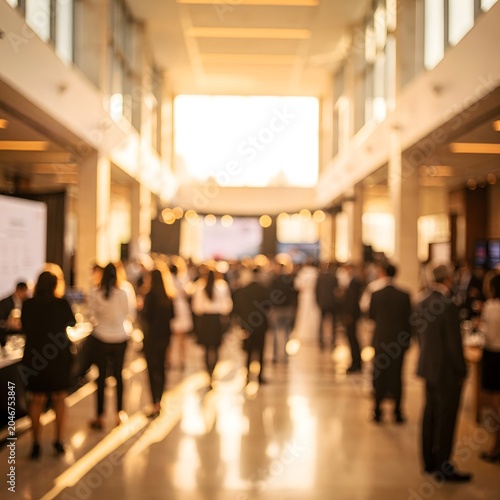 Professional business networking event in a modern convention hall with attendees engaging in conversation and corporate relationship building
