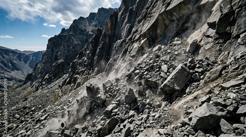 Massive Rockslide Descending Steep Mountain Slope Amidst Dust Clouds