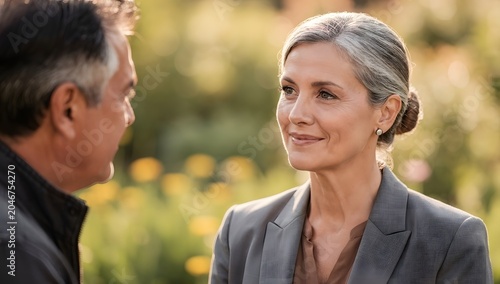 Professional business conversation between mature colleagues outdoors highlighting leadership communication trust and corporate relationship building
