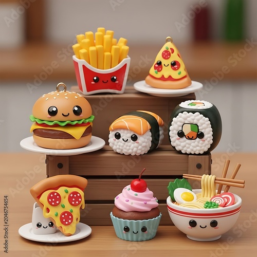 Colorful decorated fondant cupcakes on wooden board.
